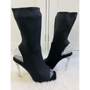 Cuccoo Black Knit Stretchy Sock Boots Peep Toe Clear Lucite Stiletto EU36 US6